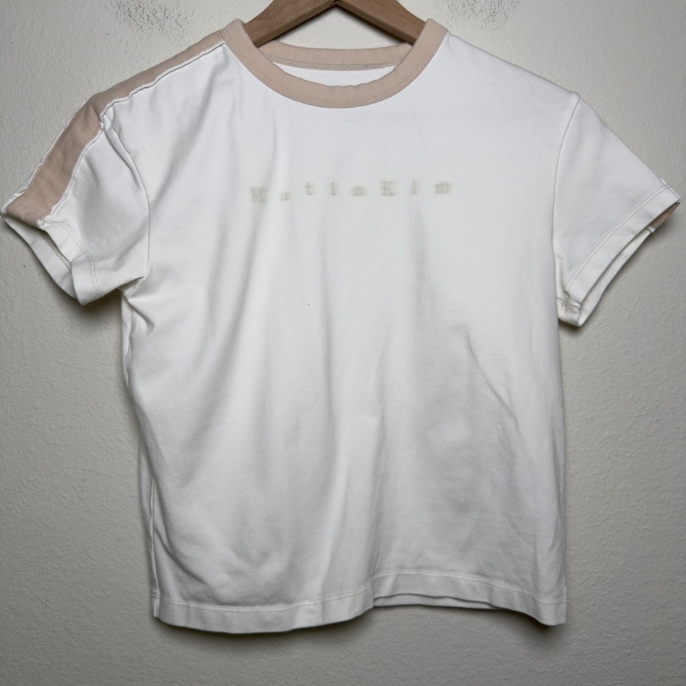Matin Kim Women Cotton Baby Tee Shirt Medium White Tan Ringer Short Sleeve